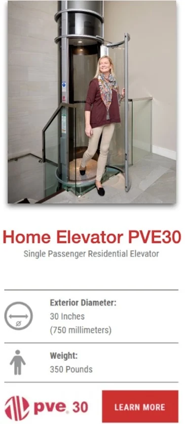 Woman stepping out of a PVE30 glass vacuum elevator beside a staircase